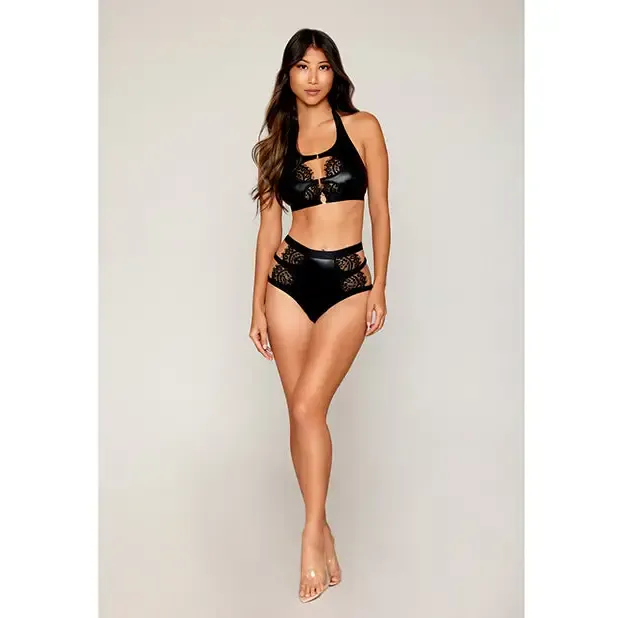 Dreamgirl International Couples Stretch Faux Leather and Eyelash Lace Bralette wHighWaisted Panty Black