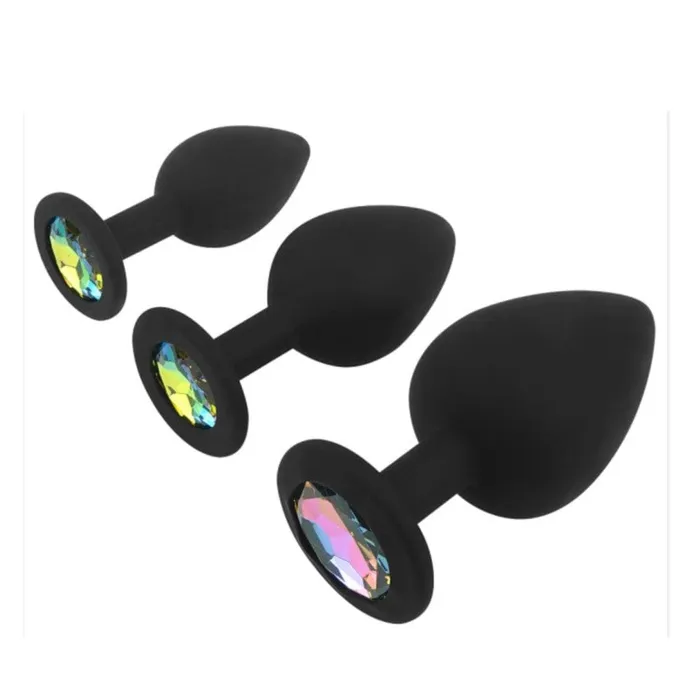 Anal Lovegasm Black Silicone Pretty Jeweled Butt Plug 3pcs Anal Training Set